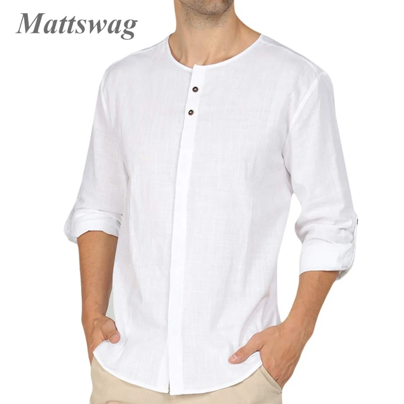 

Men Cotton Linen Solid Color Breathable Shirt Casual Daily Long Sleeve O Neck Men's Clothing Loose Fashion Shirts Chemise Hombre