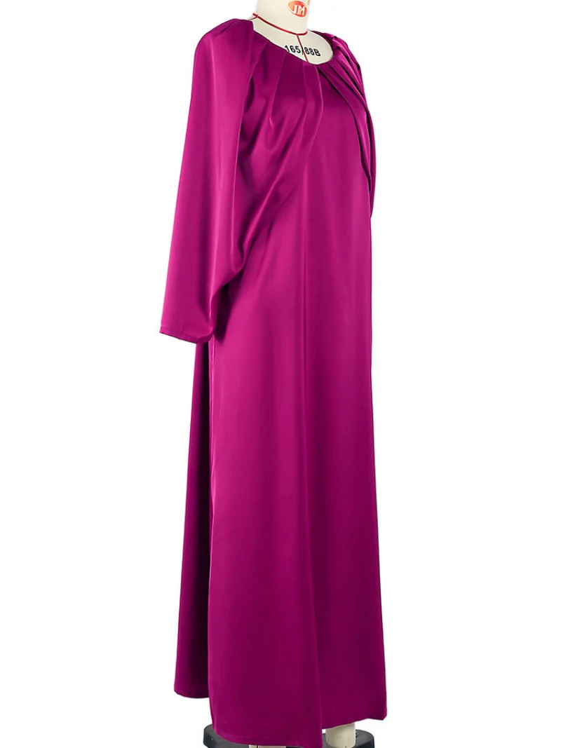 Pleated Party Abaya Women Elegant Satin Fuchsia Evening Dresses Muslim African Long Dresses Islam Turkey Modest Abayas Wedding