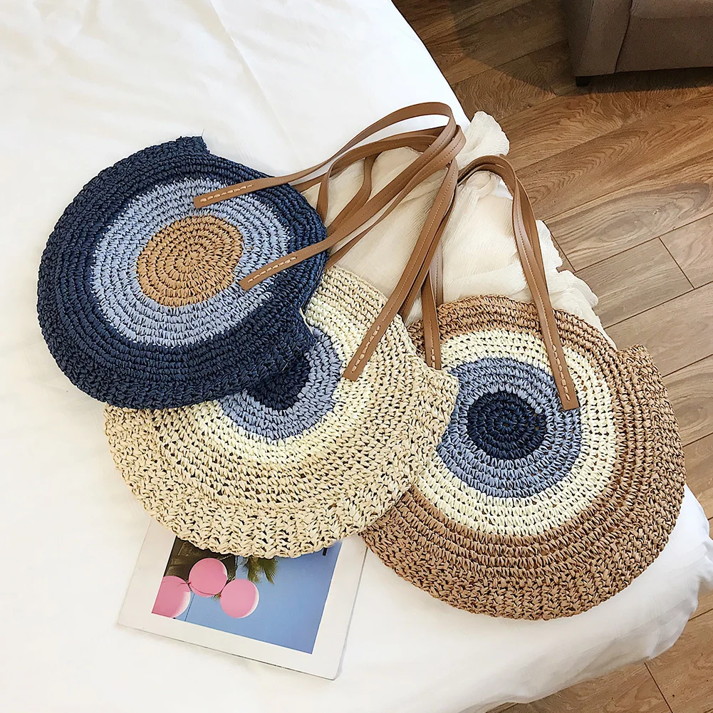 

Handmade Straw Woven Summer Beach Travel Vacation Round Straw Bags for Women Rattan Bags Shoulder Female Message Handbag Totes
