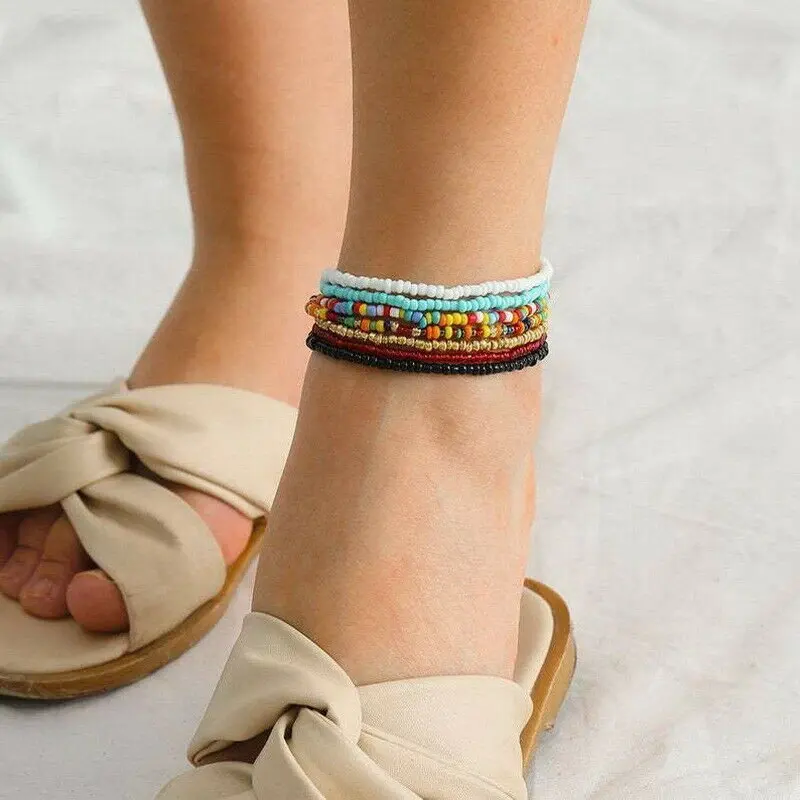 

7PCS Foot Beach Gift Multi Layer Beaded Boho Ankle Bracelet Women Chain Anklet