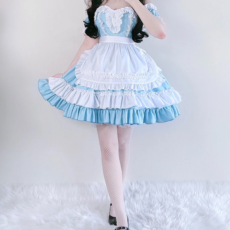 

Women French Maid Uniform Set Lolita Sexy Off Shoulder Ruffled Dress with Apron Arm Sleeves Anime Fancy Cosplay Costume