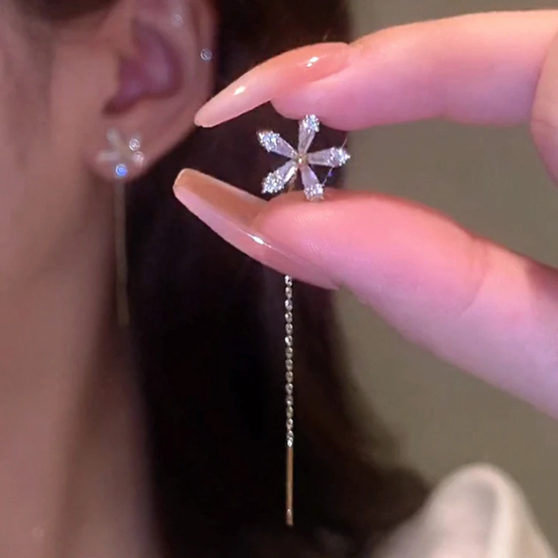 

S925 Silver Needle Micro-inlaid Zircon Flower Ear Line Exquisite Light Luxury High Quality Drop Earring Star Jewelry Gifts