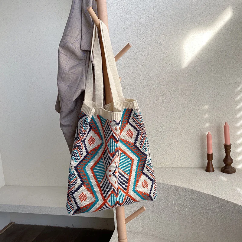 

Lady Knitting Gypsy Bohemian Boho Chic Aztec Handbag Women Crochet Woolen Open Shopper Top-handle Bag 2023 for Female Tote Bags