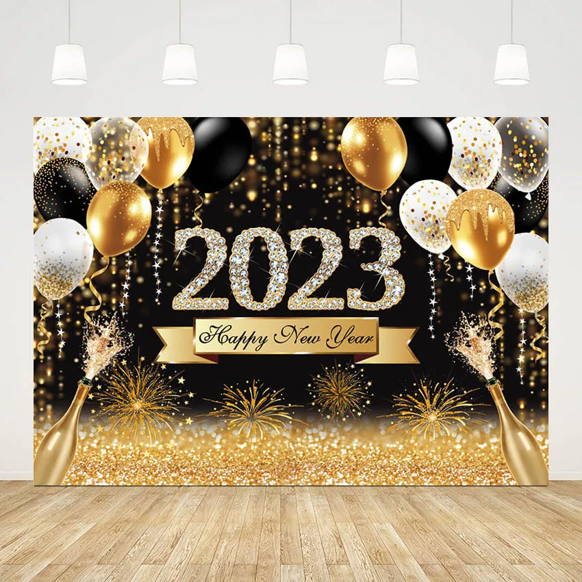 

Новогодний тематический фон для фотосъемки Mehofond 2023 черный золотой воздушный шар украшение для семейной вечеринки фейерверк фон для фотосъ...