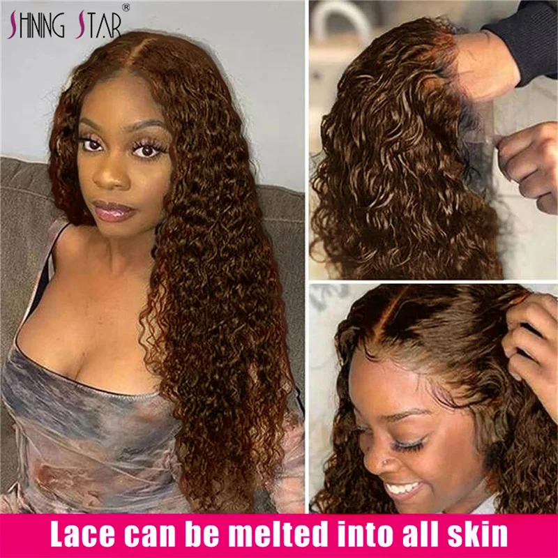 Chocolate Brown Lace Front Human Hair Wigs For Women Deep Wave Lace Frontal Wig PrePlucked Peruvian Colored Curly Human Hair Wig