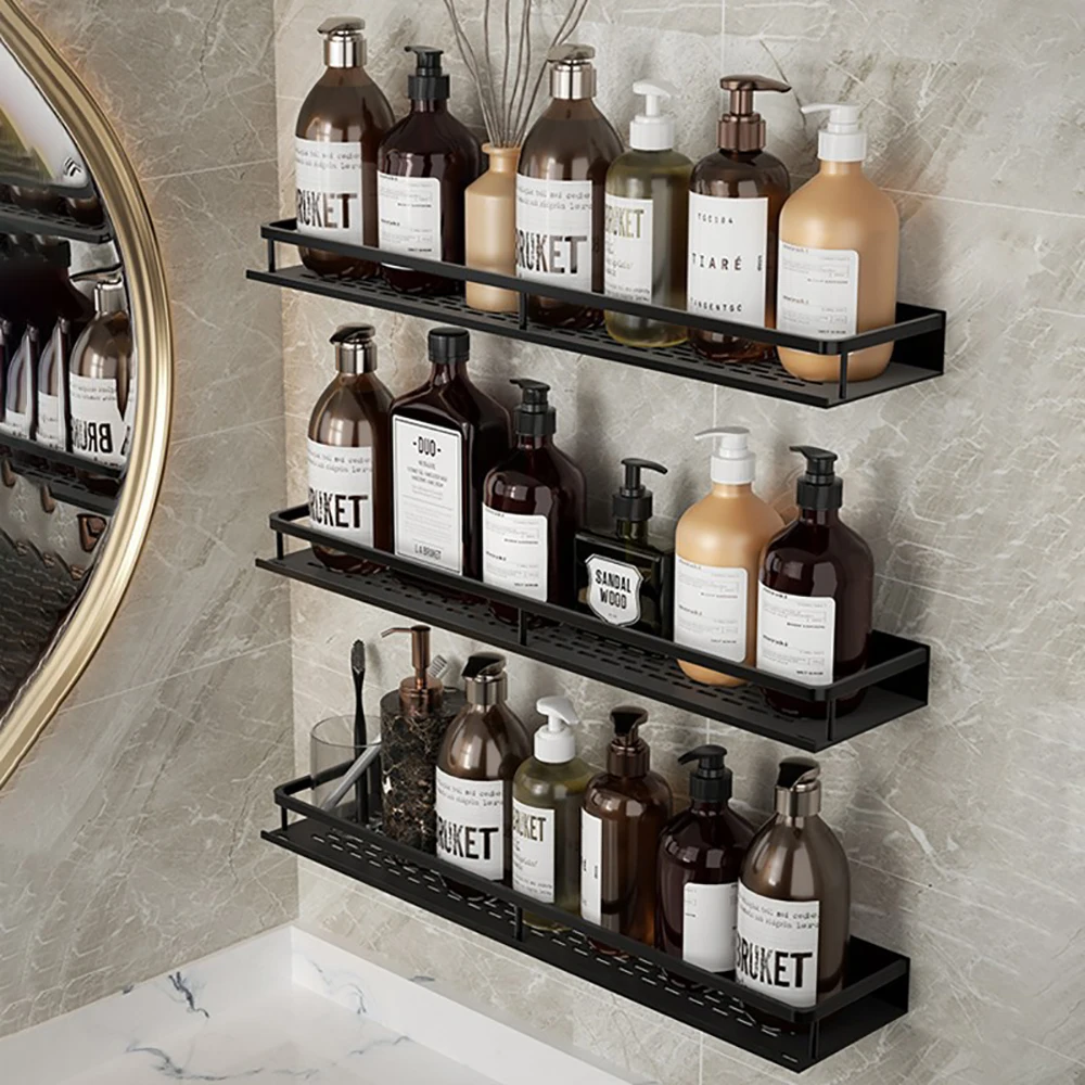 30-50CM Black Bathroom Wall Shelf Without Drilling RustProof Aluminum Storage Rack For Kitchen Shower Organizer |