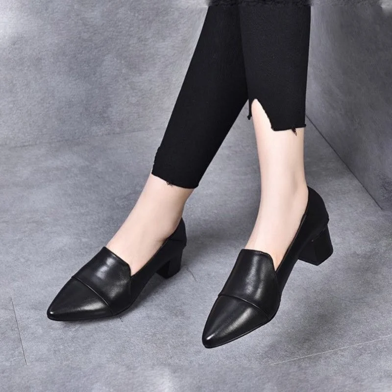 SIKETU medium heel leather shoes Woman Shoes Medium Heel Ladies Women's Shoes Heels Comfort Women Pumps  Black  New