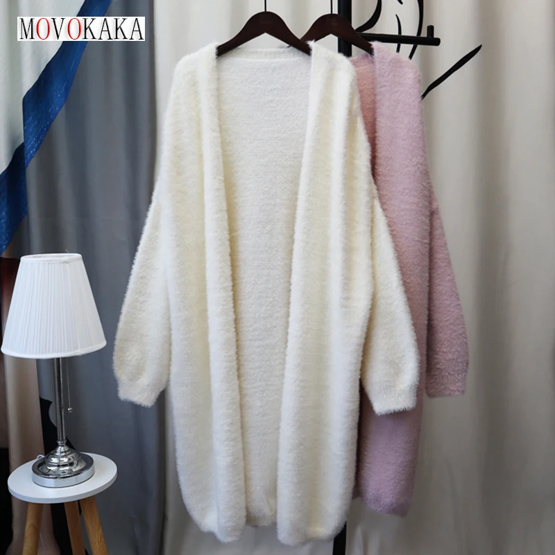 MOVOKAKA Autumn Winter Mink Fleece Long Knitted Cardigans Sweaters Women Soft Warm Solid Korean Women's Cardigans Sweaters Coats
