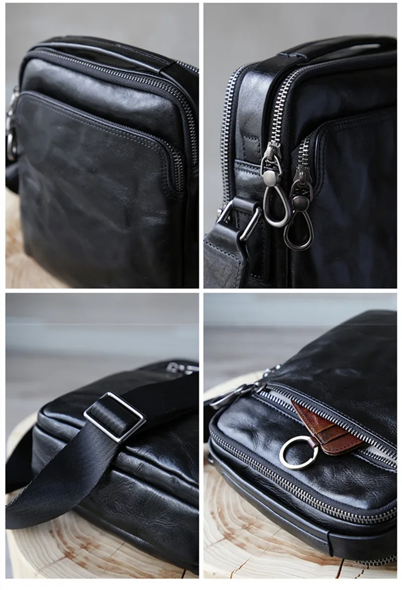 Retro fashion casual first layer cowhide men's mini black shoulder messenger bag outdoor daily teenager real leather phone bag