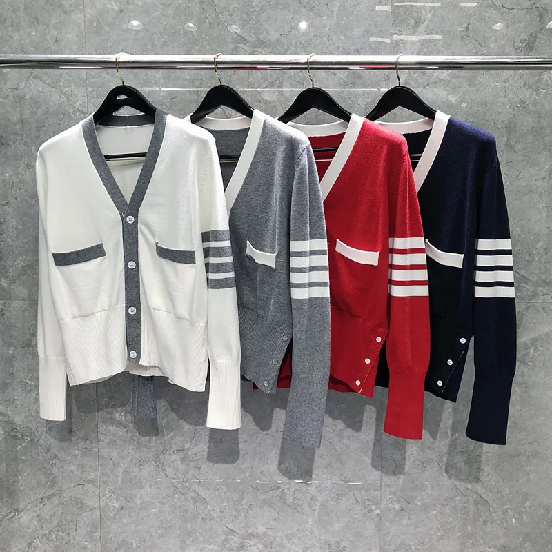 TB THOM Men's Long Sleeve Cable Knit Sweater Open Front Cardigan Button Loose Outerwear Women Fashion Brand Classic Striped Coat