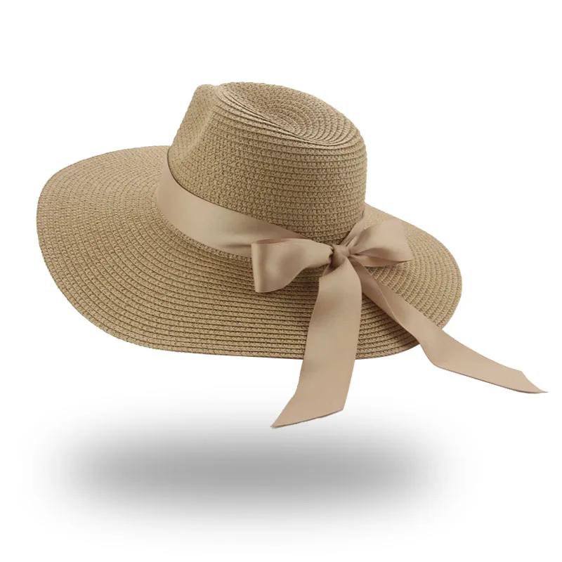 

Панама женская с бантом и широкими полями, роскошная пляжная шляпа от солнца, с лентой, 11 см, летняя