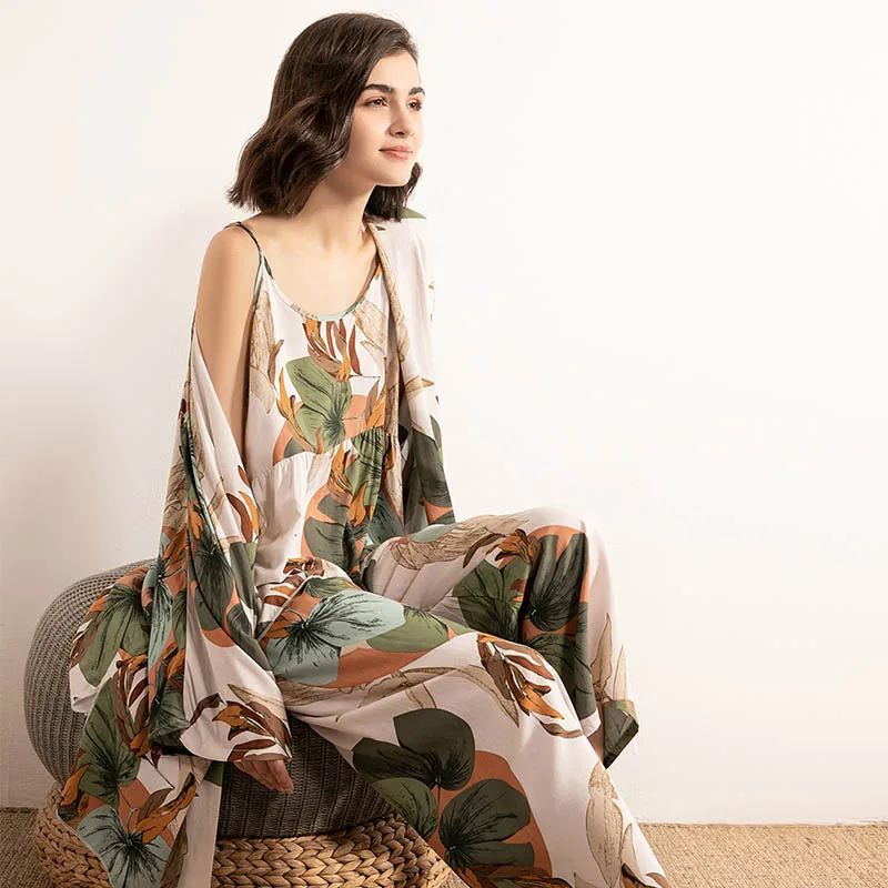 Cotton Viscose Ladies Three-piece Pajamas Set Women Spring and Autumn Comfortable Soft Home Suit Robes with Pants Pajamas Set