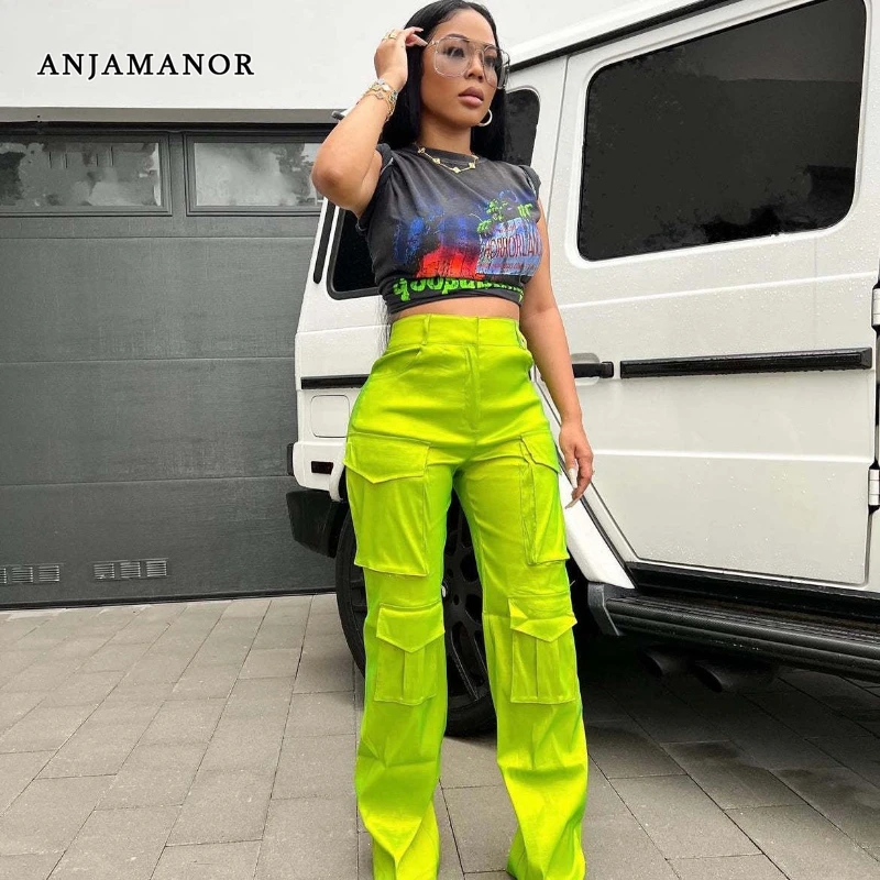 

ANJAMANOR Multi-pocket Baggy Cargo Pants Fall 2023 Fashion Neon Yellow High Waist Long Pants for Womens Casual Trousers D48-EE31