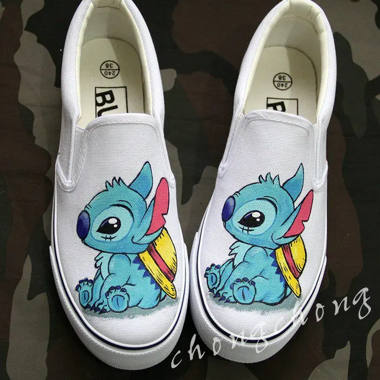 Disney High Quality Hand-painted Shoes Graffiti Canvas Shoes One Pedal Couples Boys And Girls Stilson Stilch Women Shoes