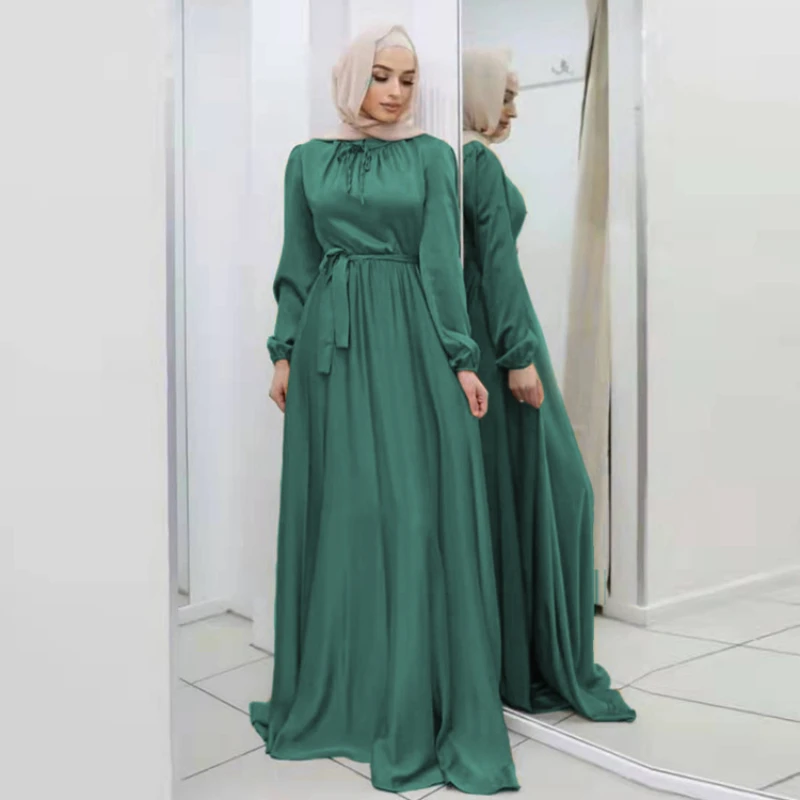 Muslim Fashion Satin Wrap Dress Ramadan Belted Abaya Dubai Turkey Arabic Long Sleeve Maxi Dresses Women Islam Clothing Robes