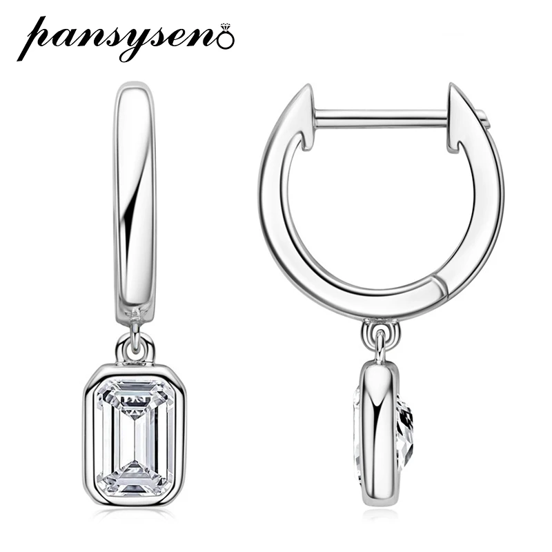 

PANSYSEN 100% 925 Sterling Silver D Color 0.8ct Asscher Cut Real Moissanite Dangle Hoop Earrings for Women Wedding Fine Jewelry