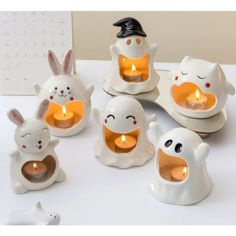 

Halloween Ceramic Craft Candlestick Aromatherapy Candle Container Ghost Decoration Home Accessories