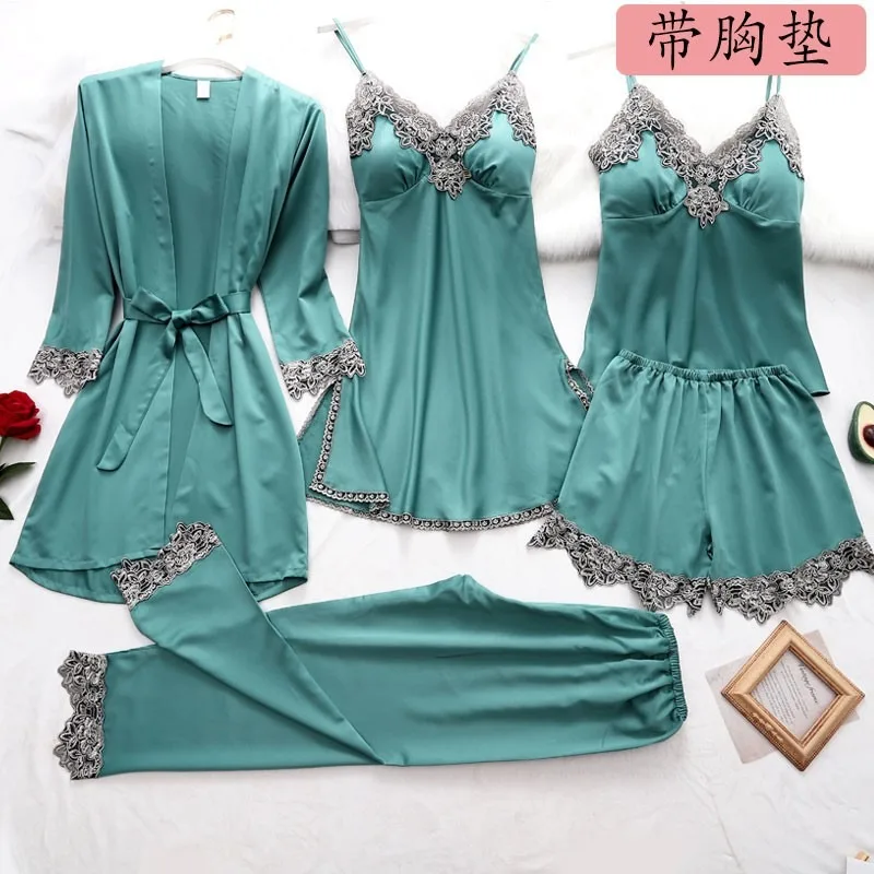 Pajamas spring and autumn women's new summer thin ice silk nightdress sexy sling chest pad five-piece suit sleepwear