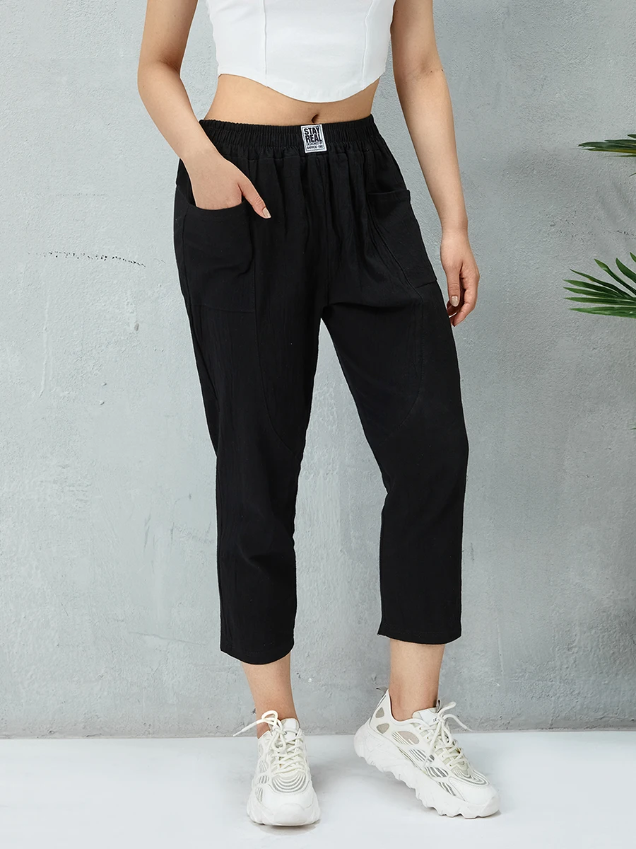 Women s Solid Color Casual Pants with Elastic Waist and Pockets - Loose Fit Trousers for Daily Wear Work and Street Style