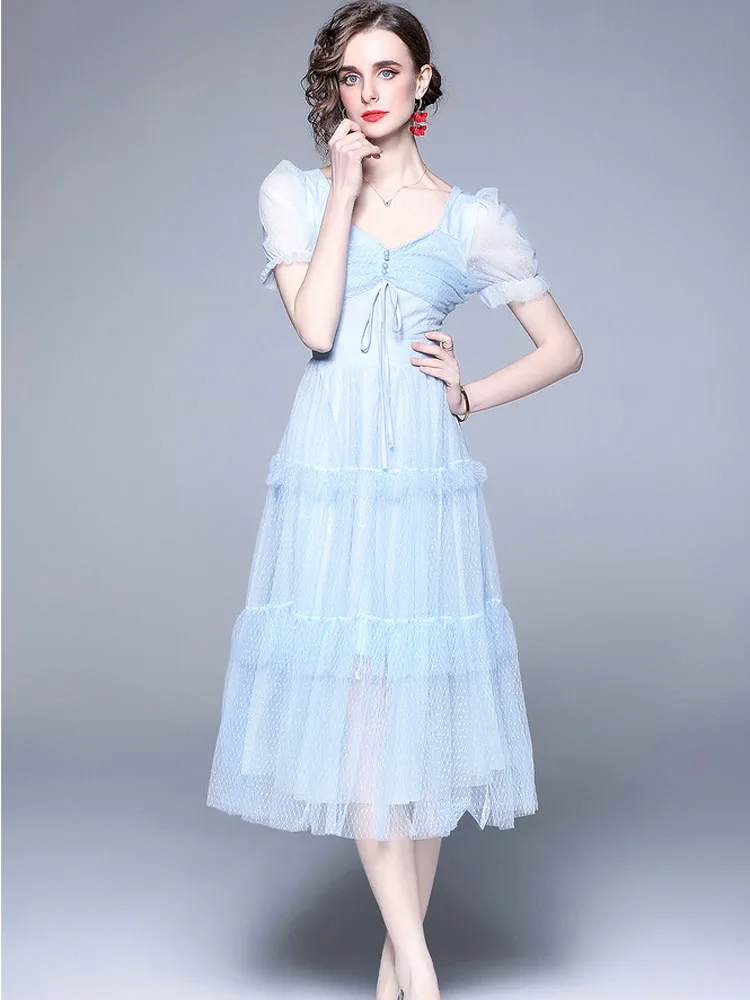 

Женское шифоновое платье с высокой талией, Сетчатое милое синее платье составного кроя с V-образным вырезом и коротким рукавом, модель B89 на лето, 2022