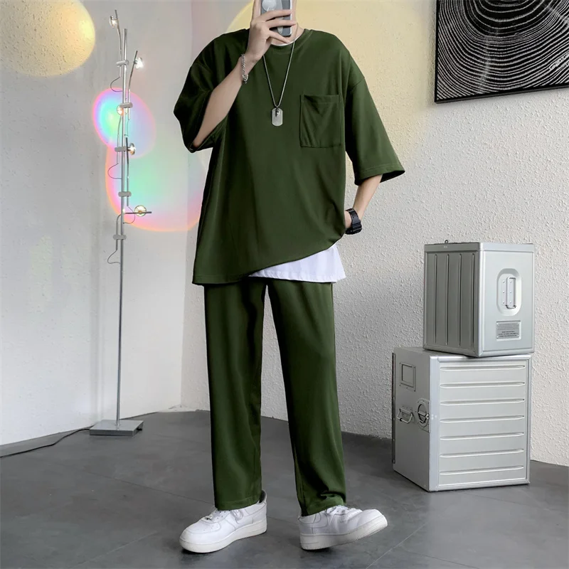 Summer 4-color Thin Sets Men Fashion Casual Short-sleeved T-shirt/Trousers Two-piece Mens Korean Loose Ice Silk Sets Men M-5XL