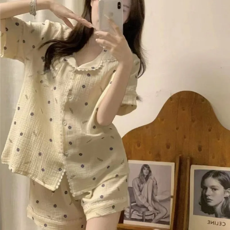 Young La's Summer Thin Pajama Dresses Set Loose Advanced Two Pieces Costume Girl Turn-Down Collar Lovely Half Sleeve Home Wear