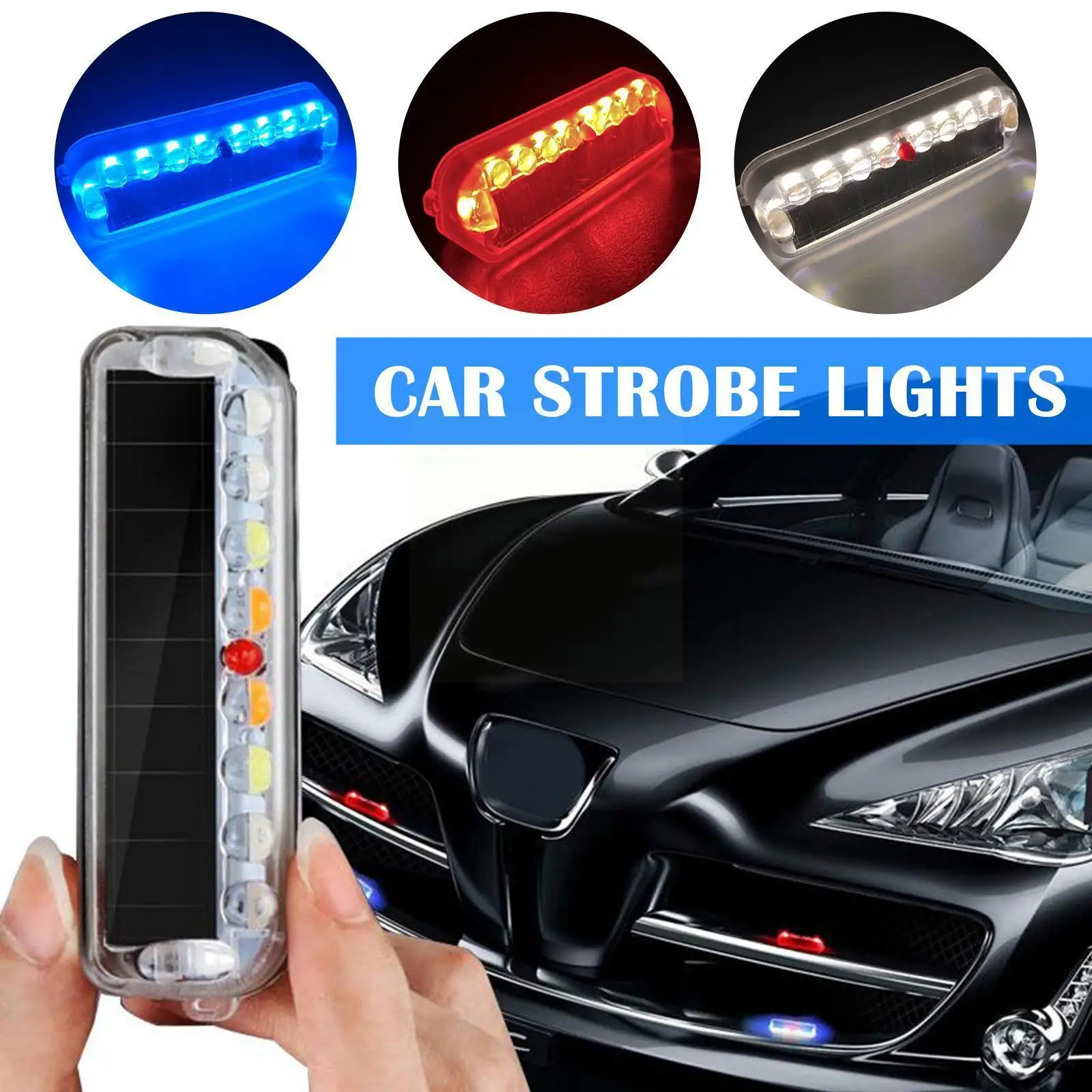 

10 LED Solar Car Strobe Lights Fake Alarm Warning Security Double-sided Flashing Tape Lamp Self-adhesive With Anti-Theft M5A0