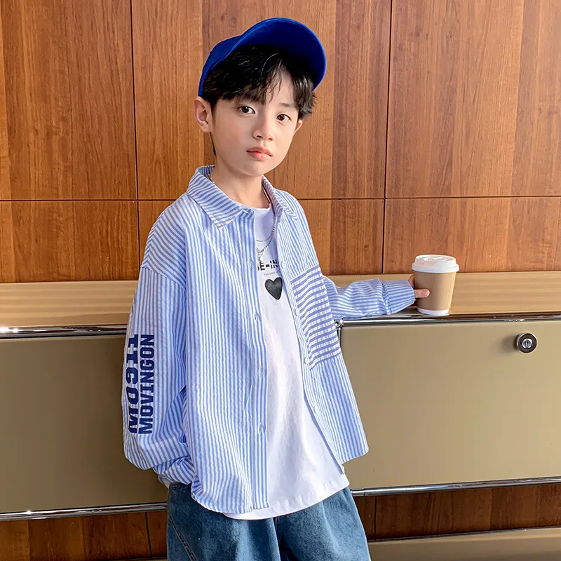 

New Autumn Big Boys Shirts Cotton Striped Long Sleeve Tops for Kids Korean Teenage Turn-down Collar Letter Print Blouse Clothes