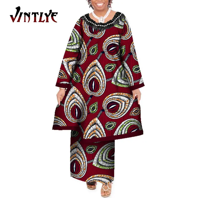 African Traditional Ankara Print Clothes for Women Maxi Plus Size 2 Piece Sets Long Top and Robe Skirts Fashion Africaine WY109