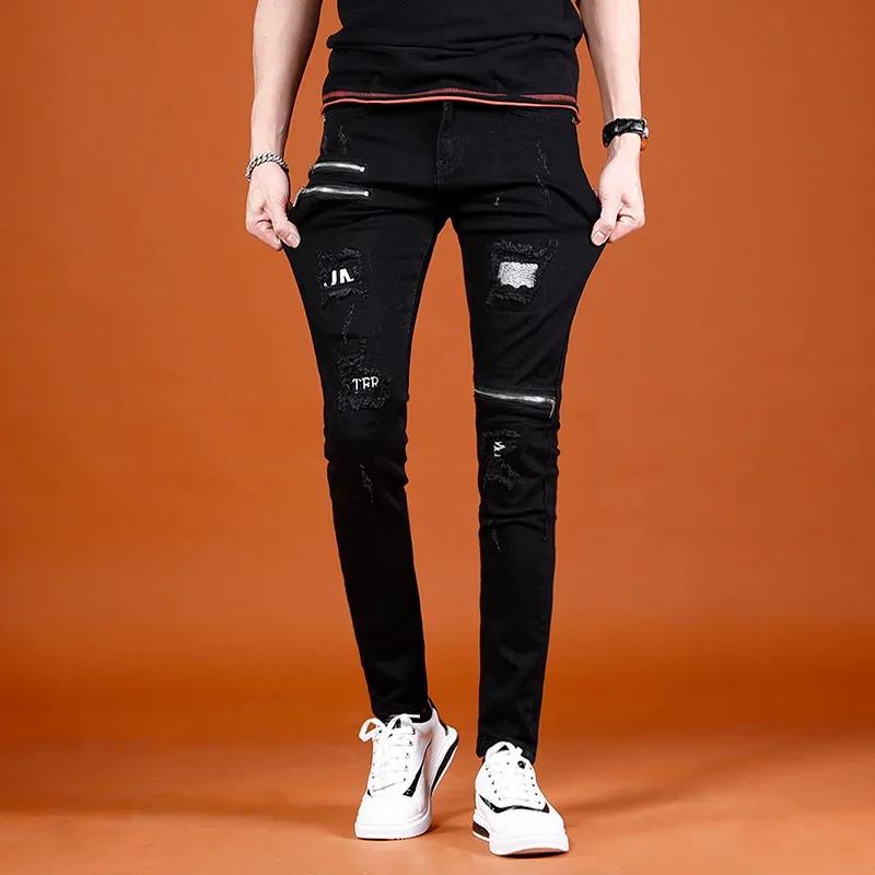 Black Jeans Men Fashion Zipper Ripped Patch Jean Streetwear Casual Cotton Slim Fit Denim Pants