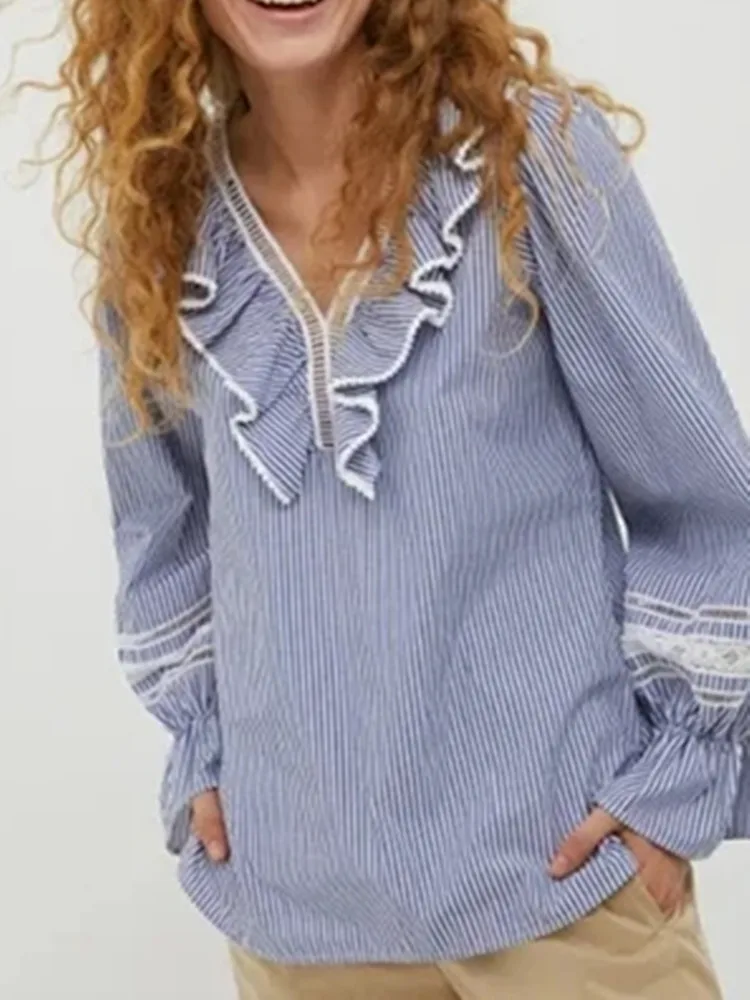 

Women White or Stripes Ruffles V-Neck Shirt Lace Stitching Sweet Long Flared Sleeve Chemise Female 2022 Autumn Blouse
