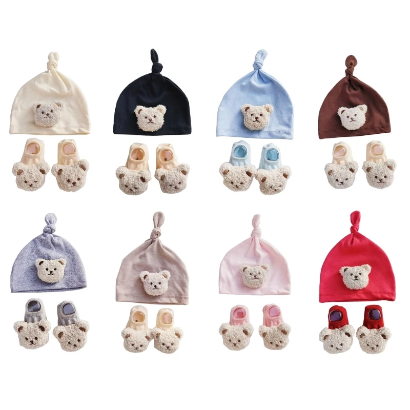 

Knotted Hat and Socks Set Stretchy Newborn Cap with Cartoon Bear Designing Floor Socks for Newborn 0 to 1 Years Old