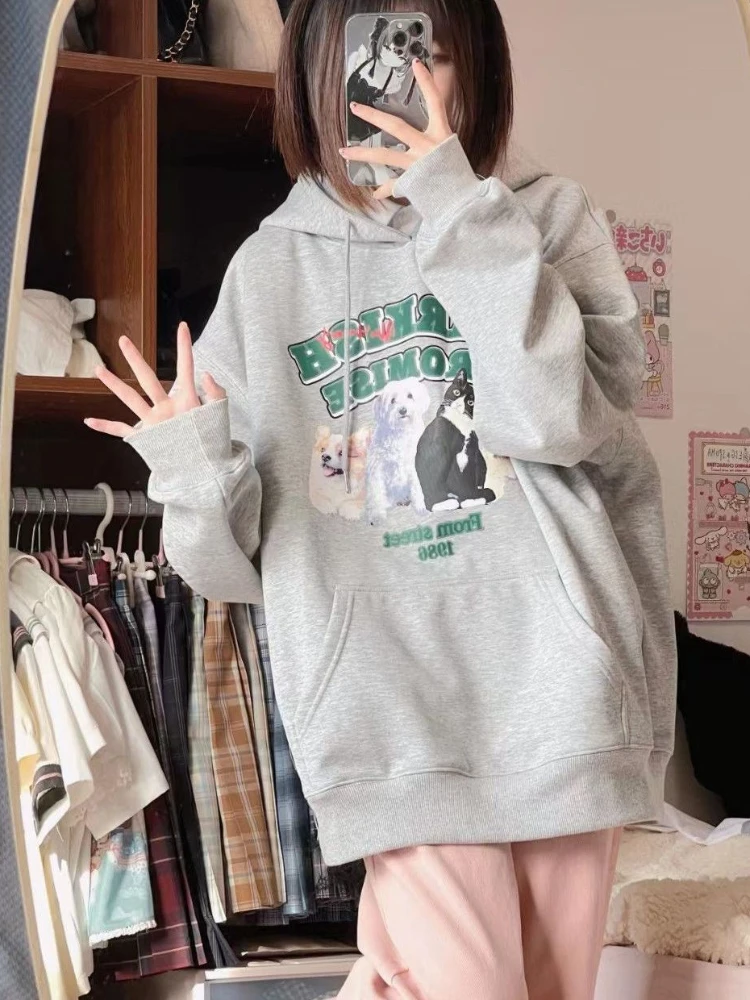 

Deeptown Japanese Style Graphic Grey Sweatshirt Women Harajuku Long Sleeve Hooded Pullover Kpop Streetwear Oversize Loose Tops