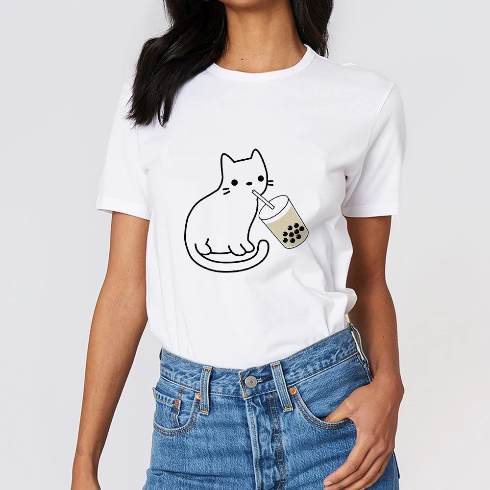 

Cat Short Sleeves Summer Harajuku Young Trend Vintage White T-shirt Cartoon Milky Tea Print Streetwear 2022 New Fashion Clothing