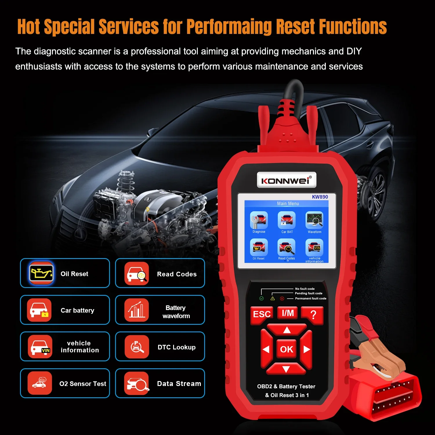 Konnwei kw890 obd2 сканер диагностический инструмент для автомобиля тестер батареи cca