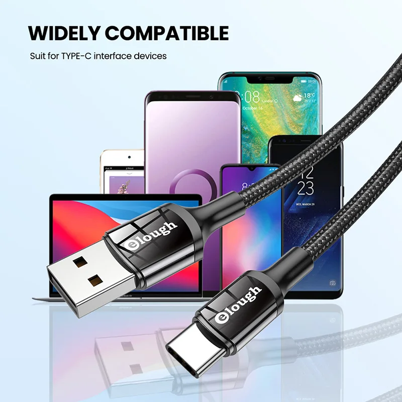 Кабель зарядный Elough USB Type-C QC3.0 для смартфонов быстрая зарядка Redmi 9A 9C Poco F3 X3 Realme Samsung
