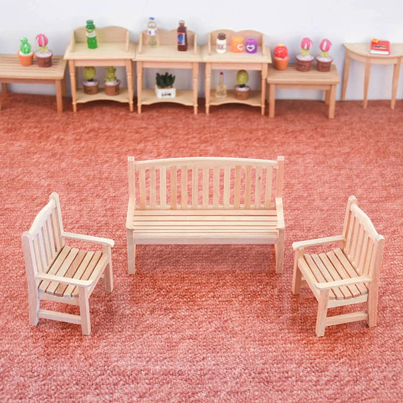 1/12 Dollhouse Miniature Wooden Double Bench Single Chair Simulation Furniture Model Toy Doll House Life Scene Decor Kids Gift