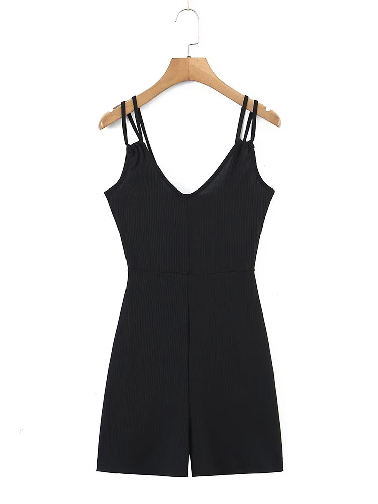 

YENKYE Summer Women Vintage Black Double Straps Knit Jumpsuit Sexy Sleeveless Female Short Playsuit