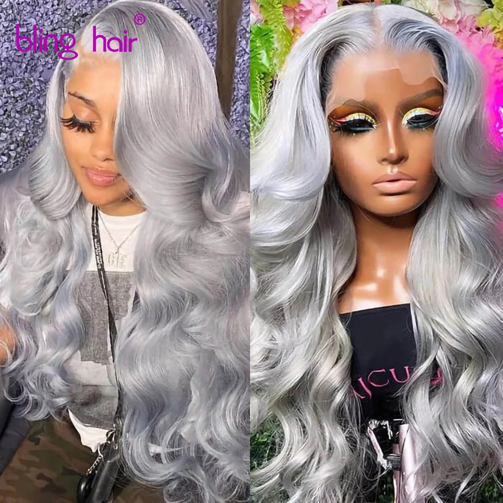 

Silver Grey Body Wave Lace Frontal Wig 100% Human Hair Wigs Pre Plucked Bleached Knots Remy 13x4 Lace Frontal Human Hair Wigs
