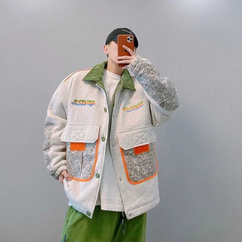 

Trendy High Street Ruffian Lapels Green Orange Stitching Cashew Flower Cotton Core Jacket Single-breasted Japanese Pocket Jacket