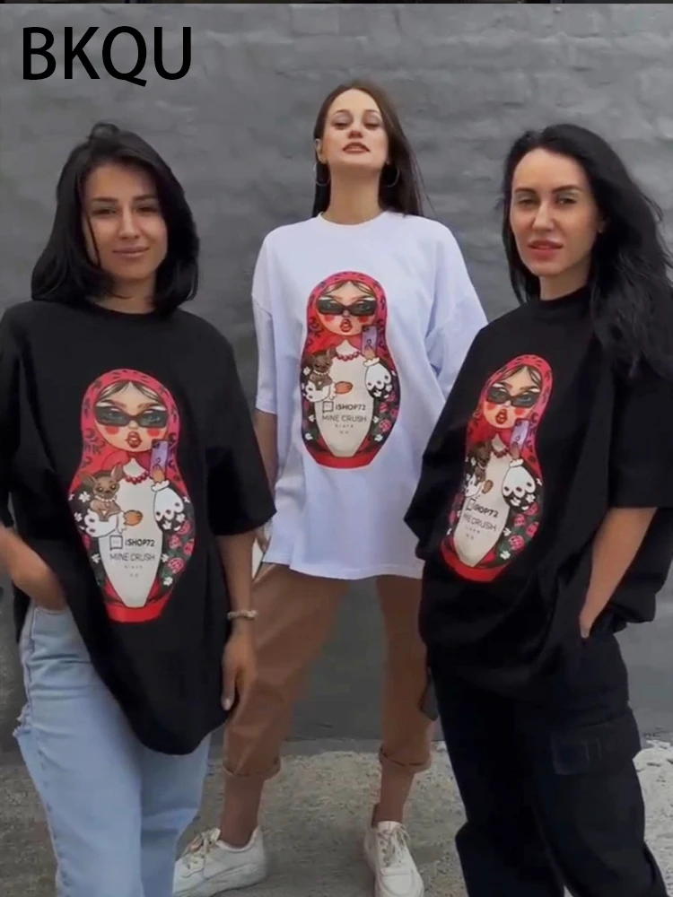 BKQU свободные футболки с буквенным принтом для женщин 2024 женские пуловеры