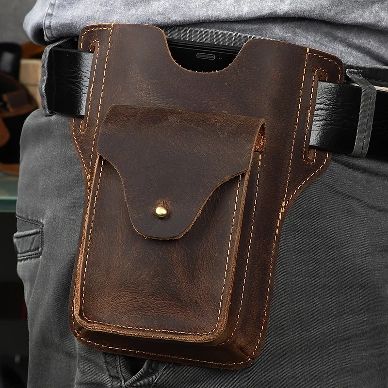 

New Design Waist Bag Genuine Leather Phone Belt Pouch Crazy Horse Leather Men's Waist Pack Real Leather Tactical waist pack