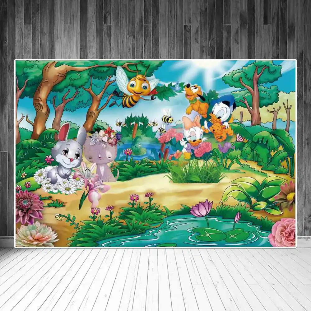 

Spring Animals Scenery Photography Backgrounds Kids Tropical Jungle Flowers Rabbit Swan Bee Portrait Photographic Backdrop Props