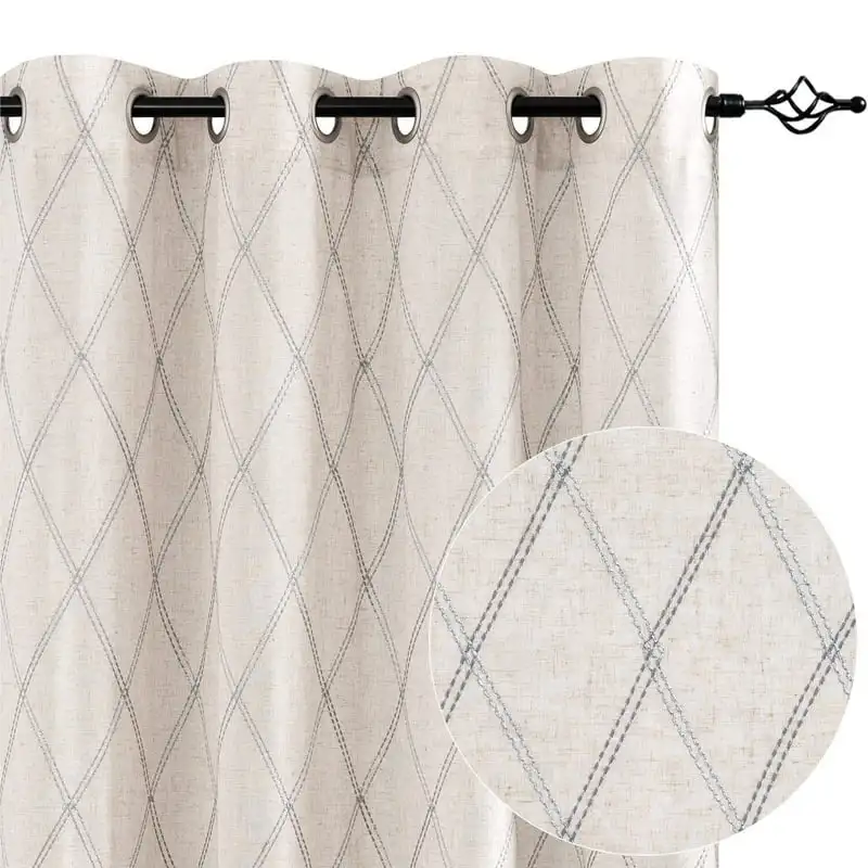 

Curtains for Living Room 84 inch Farmhouse Diamond Embroidered Flax Window Drapes Light Filtering Grommet Curtains 2 Panels Grey