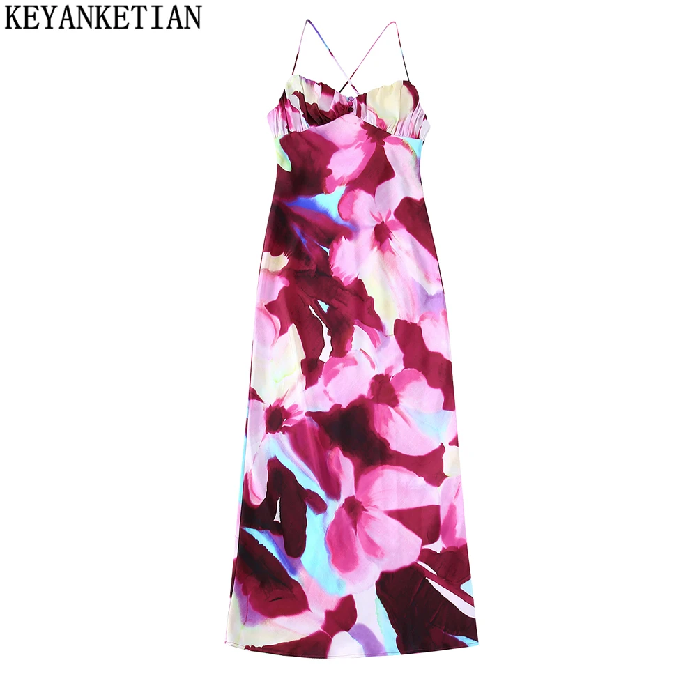 

KEYANEKTIAN Women's Tie-Dye Printed Lingerie Dress Summer New Cross Strap Backless Long Sling Dress and Ankle Midi Skirt