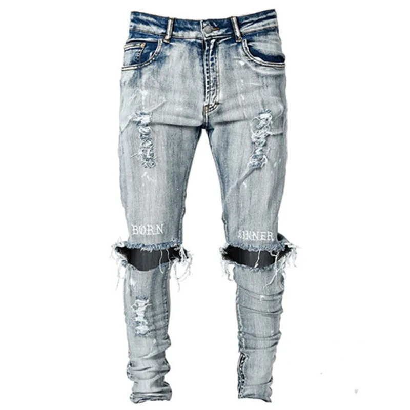 High Street Trend Men's Jeans Personality Hole Jeans Streerwear Men's Slim Fit Boys' Leggings Denim Pants Full Length Trousers