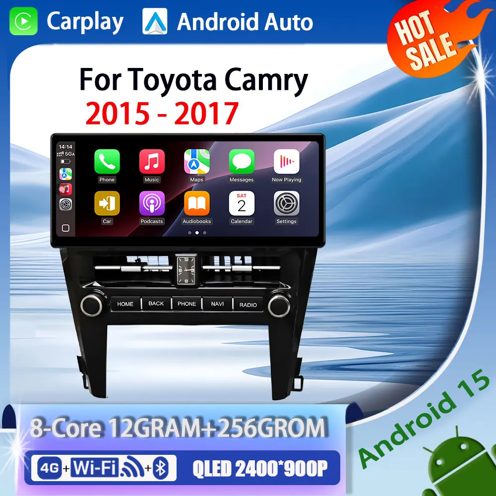 Фото 12,3-дюймовый автомобильный радиоприемник для Toyota Camry 2015-2017, мультимедийный плеер, аудио-видео, GPS-навигация, стереосистема, разделенный экран, Wi-Fi, 4G, Bluetooth, CarPlay №1