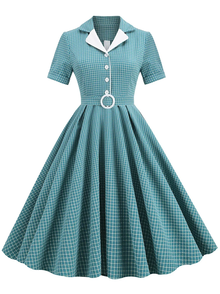 

2023 Elegant Notched Collar Buttons Belted Vintage Plaid Midi Dresses for Women Short Sleeve 50s 60s Robe Turquoise Swing Dress