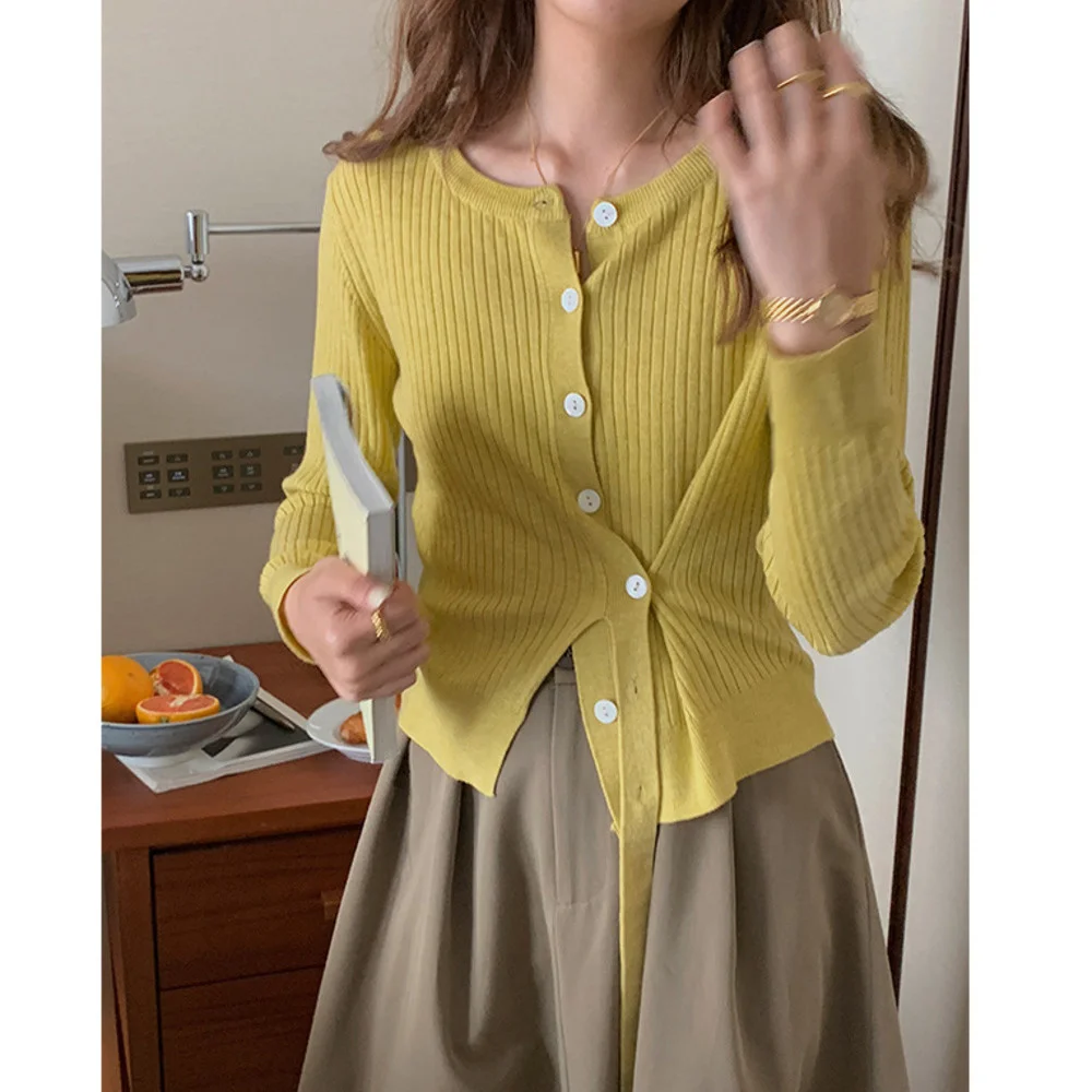 

Женский вязаный кардиган на пуговицах, необычный Повседневный свитер на завязках с круглым вырезом для ранней осени, 2022