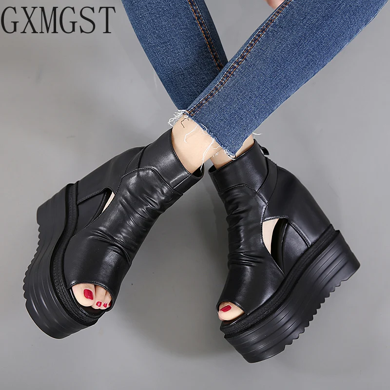 

European Wedges with High-heeled Sandals Muffin Thick-bottom Fish Mouth Shoes New Internal Increase Women's Shoes Cool Boots12cm